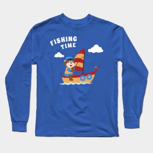 Vector cartoon illustration of cute monkey fishing on sailboat Long Sleeve T-Shirt